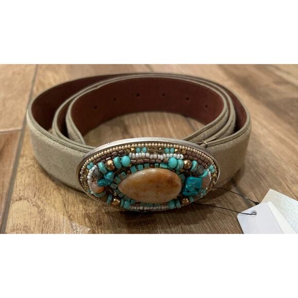 Chicos Turquoise Neutral Belt Beaded Novelty Buckle Genuine Leather Womens L NWT main image 9